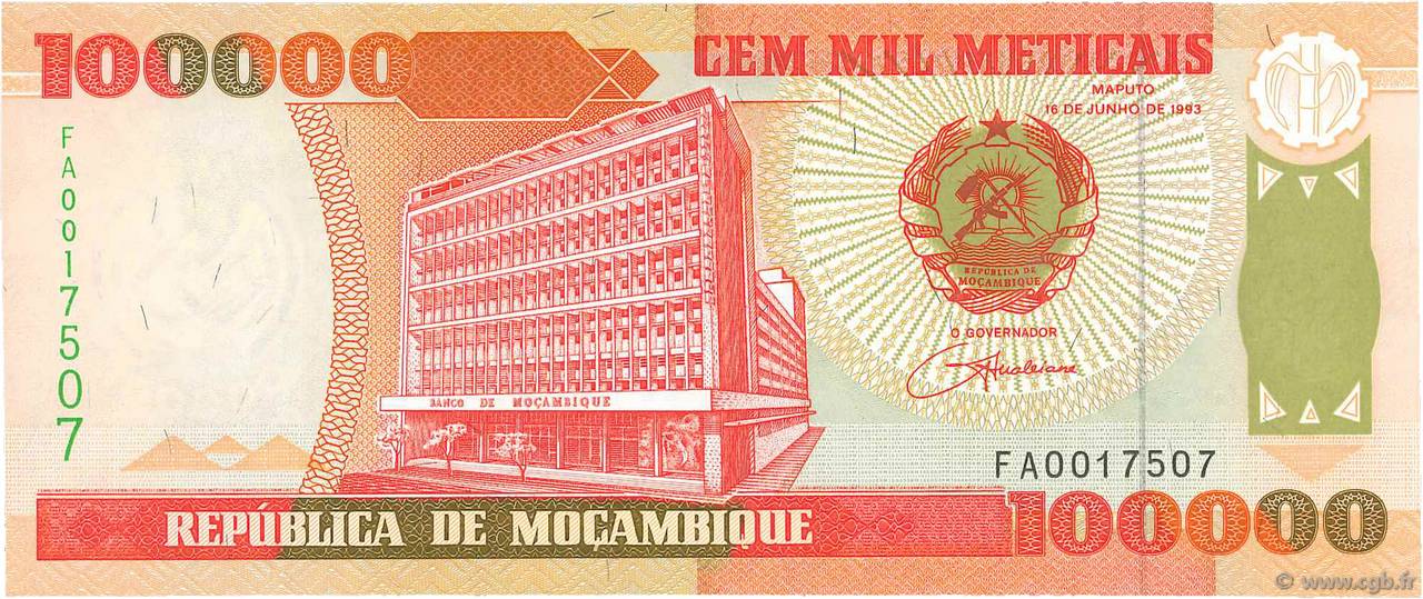 100000 Meticais MOZAMBIQUE  1993 P.139 NEUF