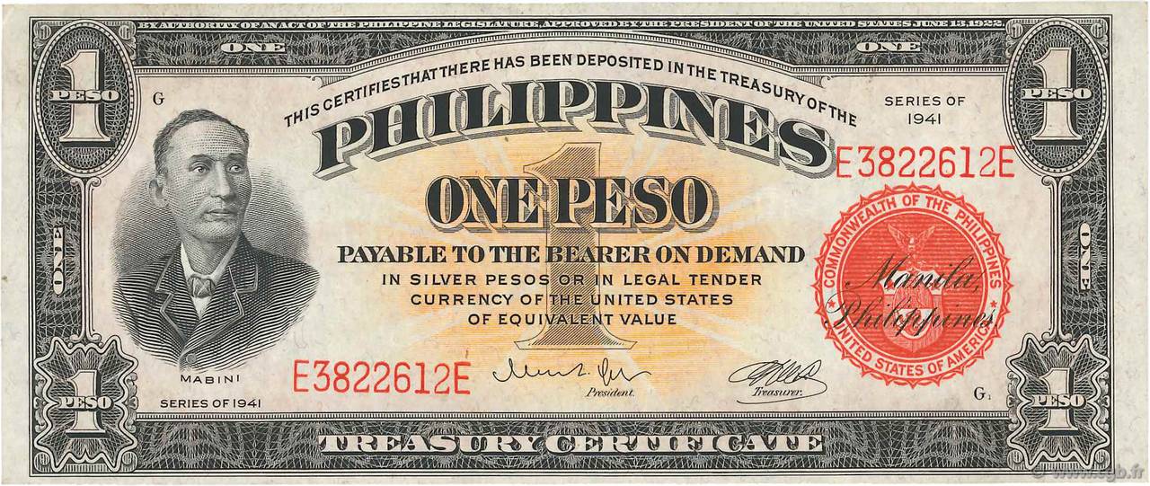 1 Peso PHILIPPINES  1941 P.089a SPL