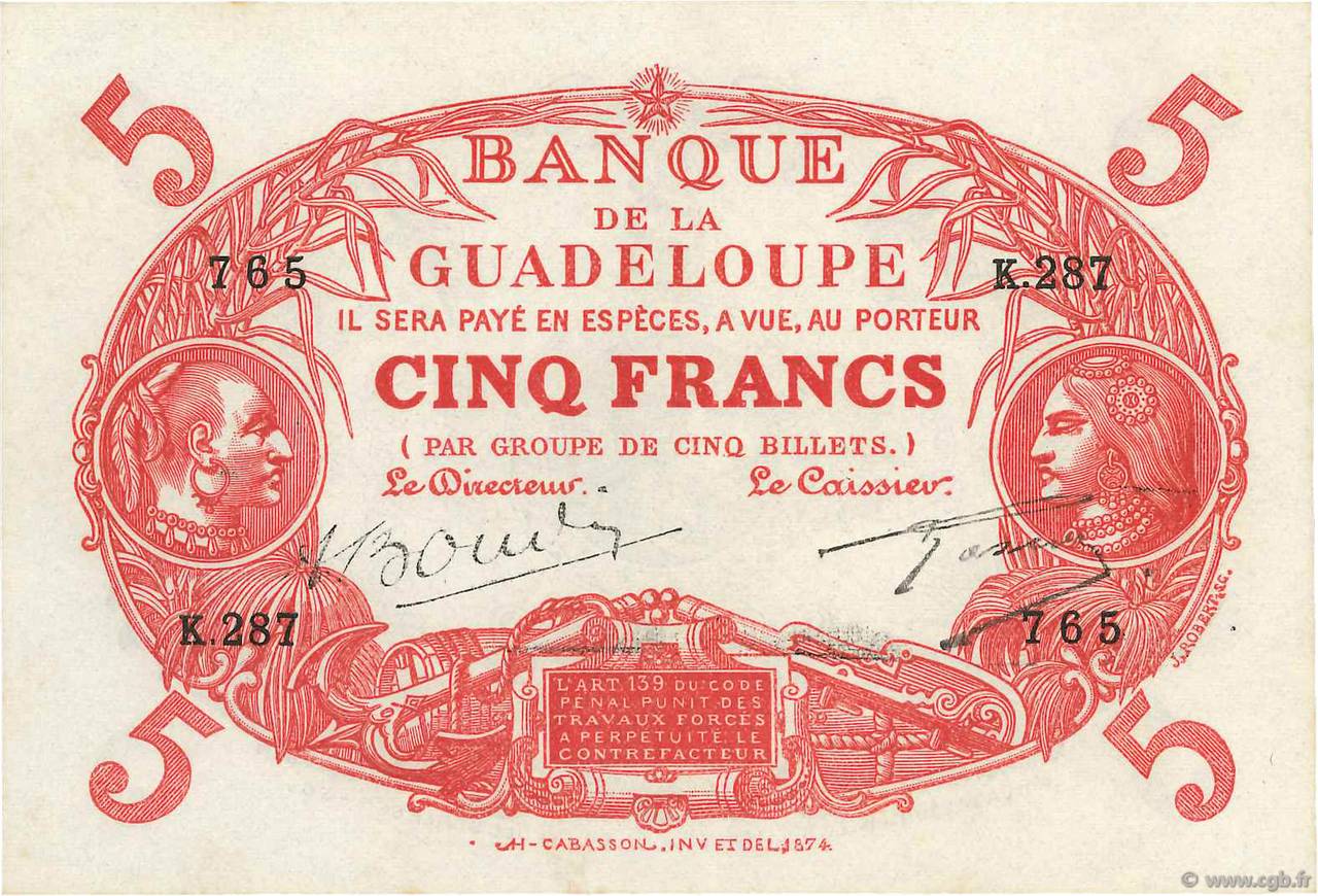 5 Francs Cabasson rouge GUADELOUPE  1945 P.07e UNC-