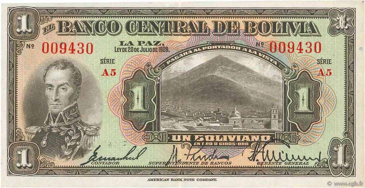 1 Boliviano BOLIVIA  1928 P.118a XF+