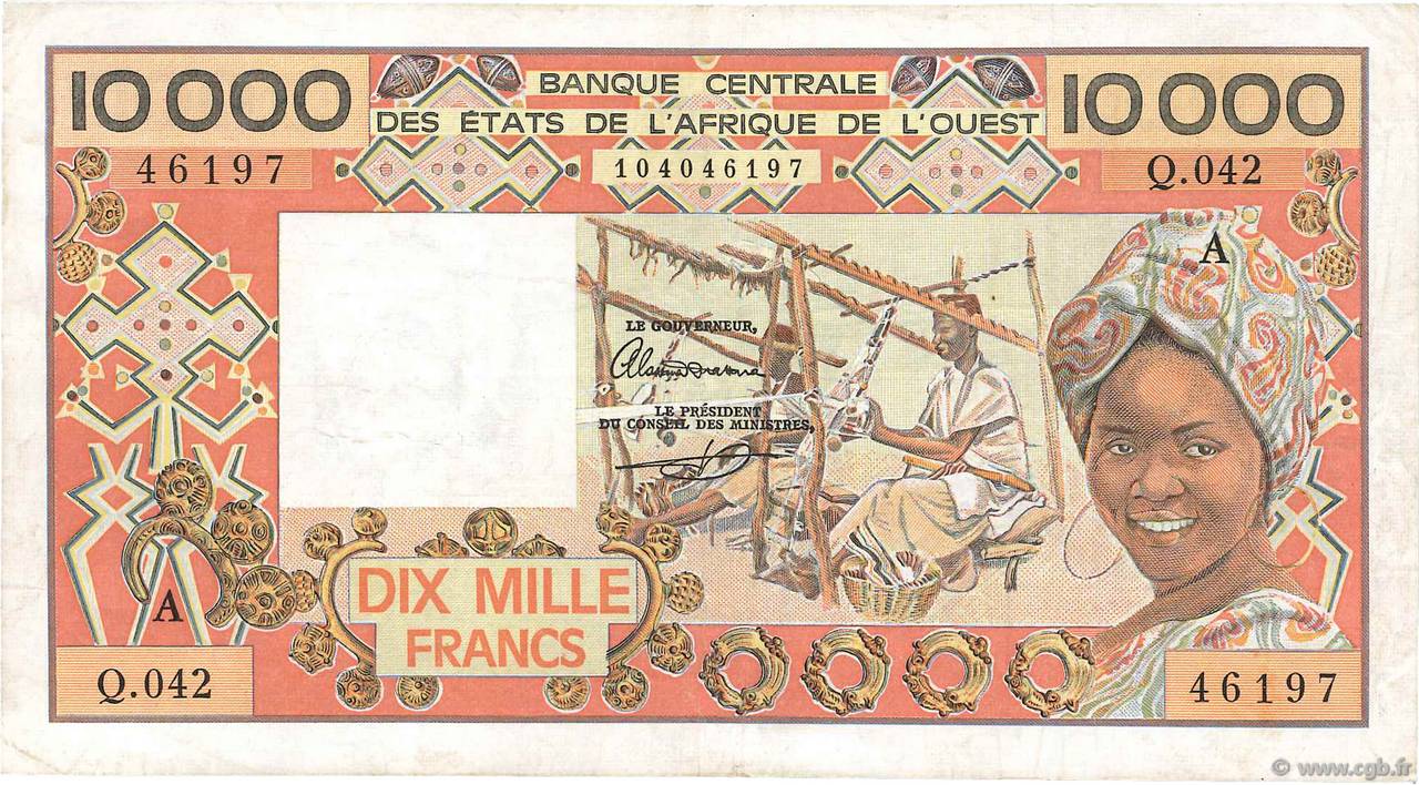 10000 Francs ÉTATS DE L AFRIQUE DE L OUEST  1989 P.109Ai TTB