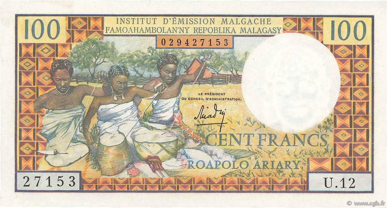 100 Francs - 20 Ariary MADAGASCAR 1966 P.057a SPL