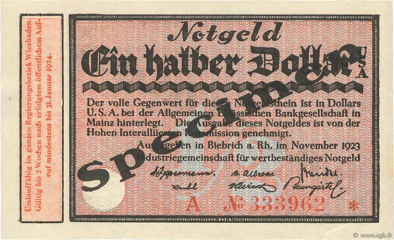 1/2 Dollar Spécimen GERMANY Biebrich 1923 Mul.0420s AU