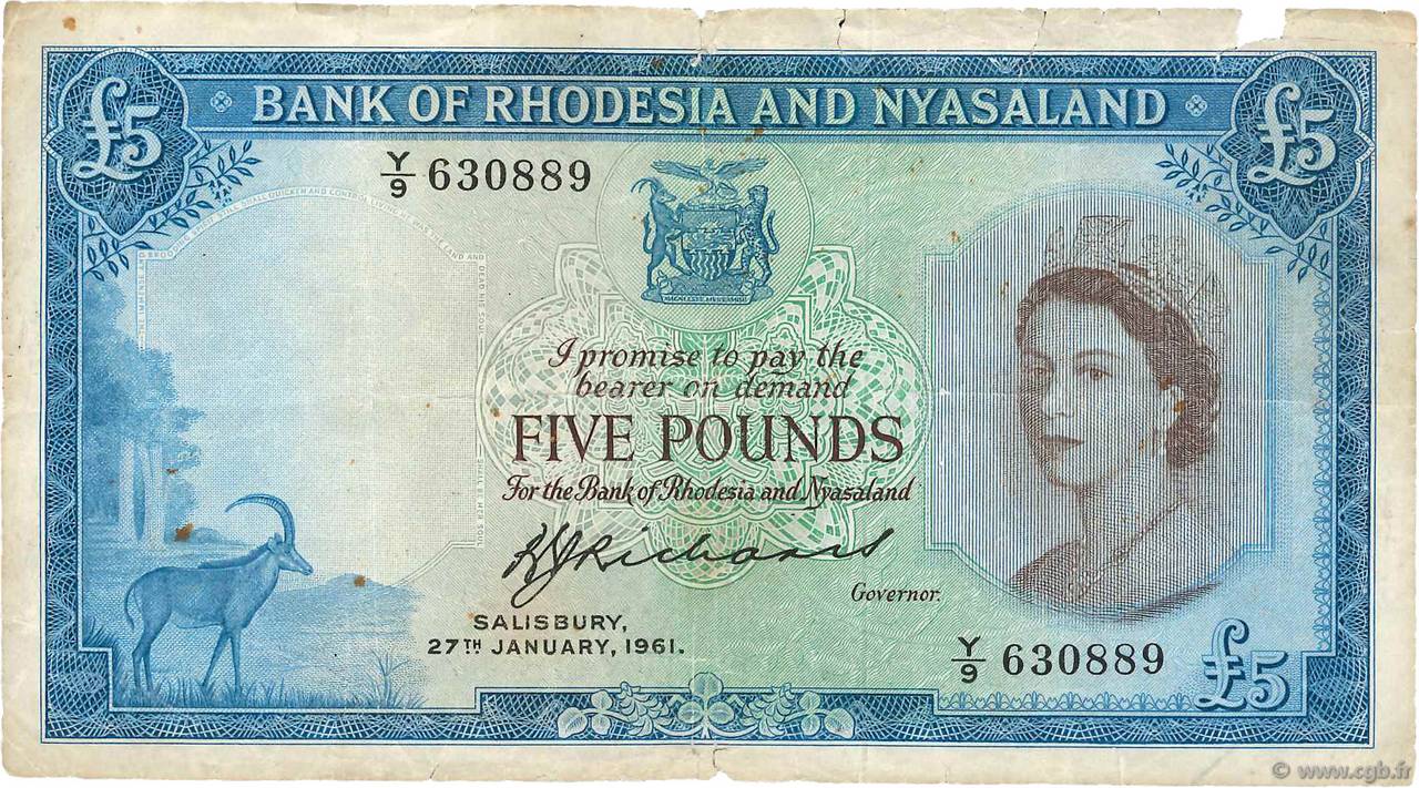 5 Pounds RODESIA Y NIASALANDIA (Federación de)  1960 P.22b RC+