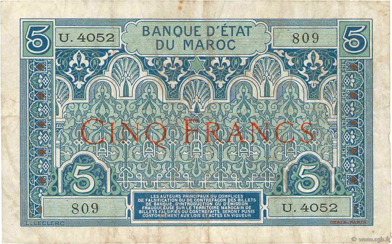 5 Francs MAROCCO  1923 P.09 MB