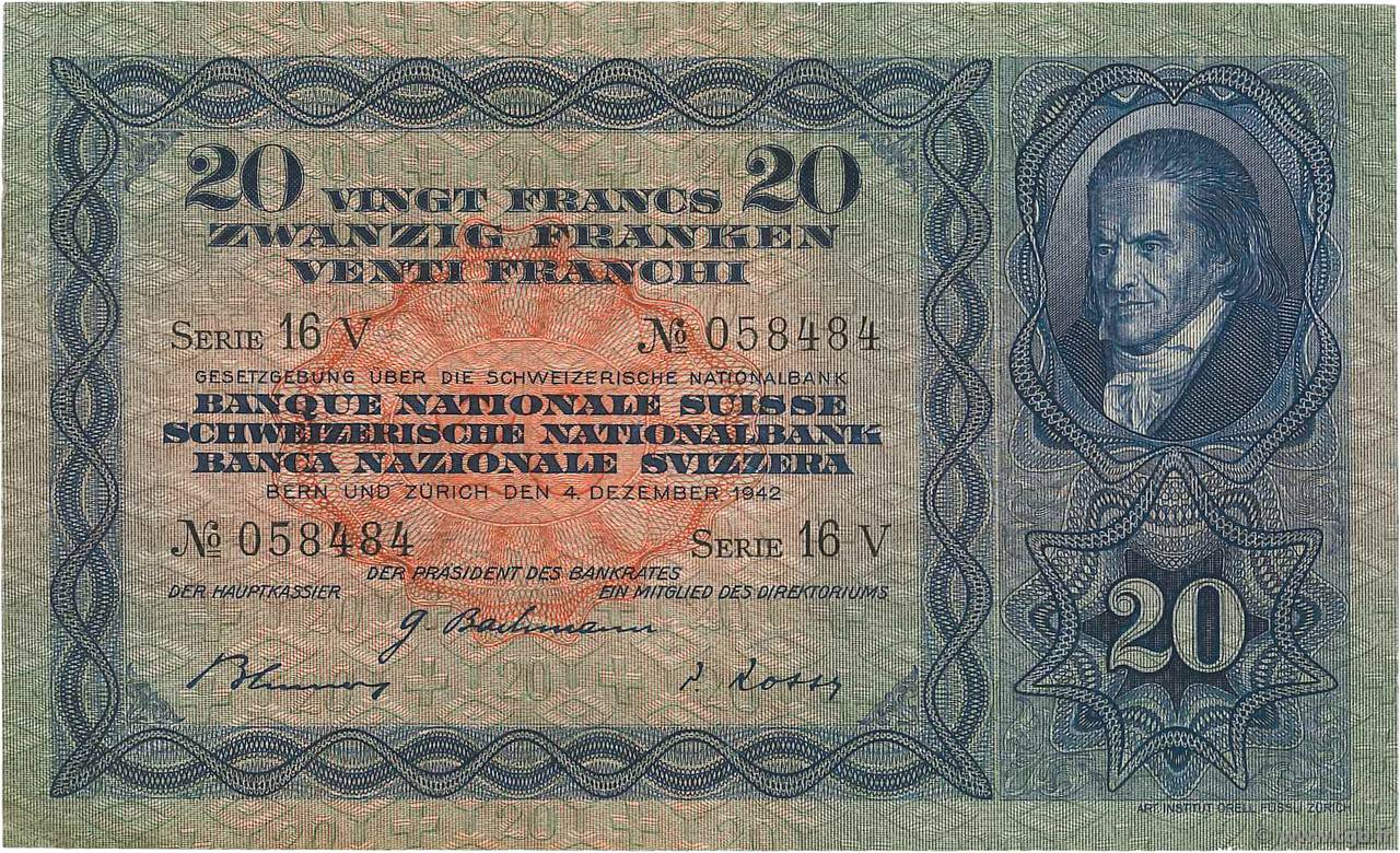 20 Francs SWITZERLAND  1942 P.39l VF