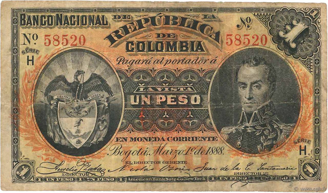 1 Peso COLOMBIE 1888 P.214 TB+