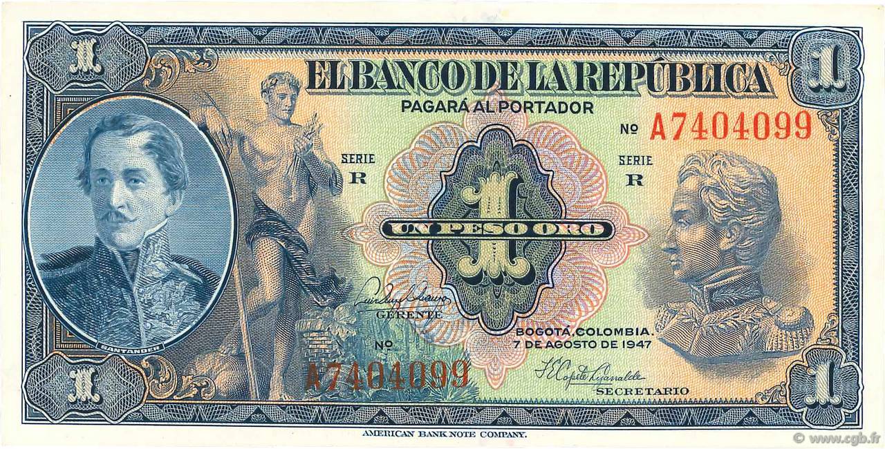 1 Peso Oro COLOMBIE 1947 P.380e NEUF