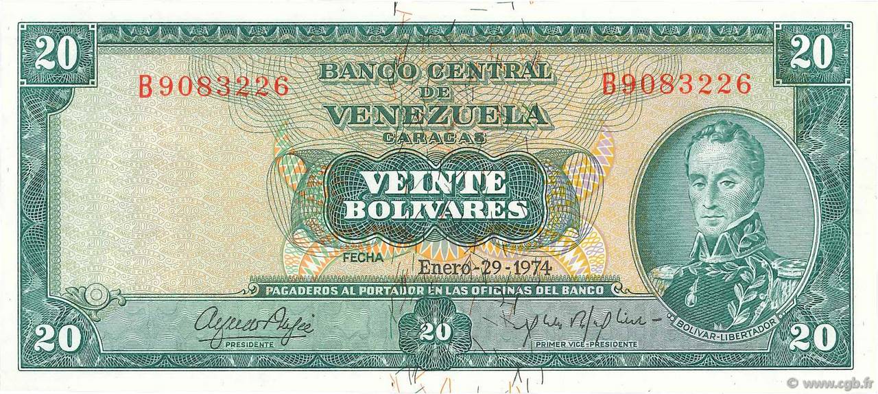 20 Bolivares VENEZUELA  1974 P.046e UNC