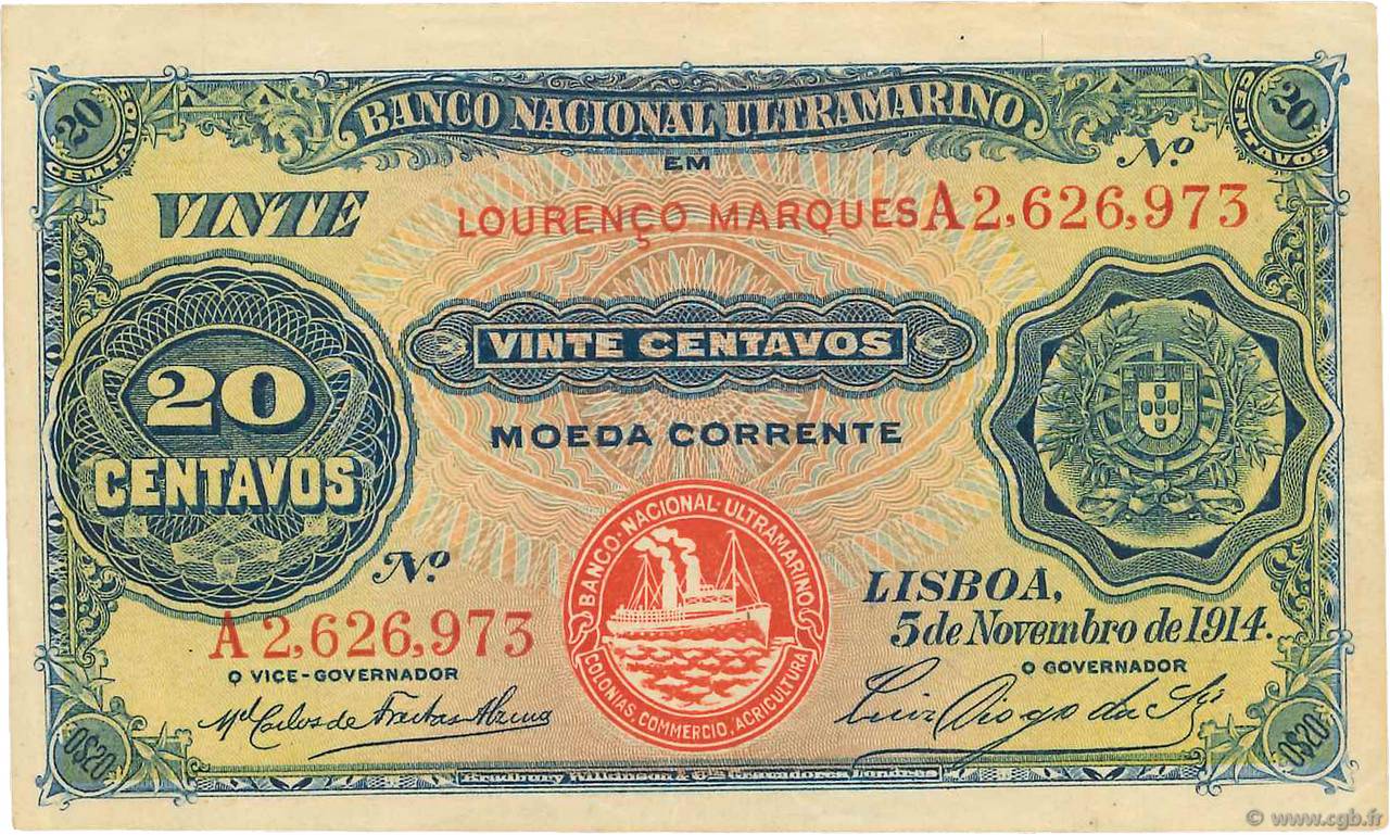 20 Centavos MOZAMBIQUE  1914 P.057 TTB+