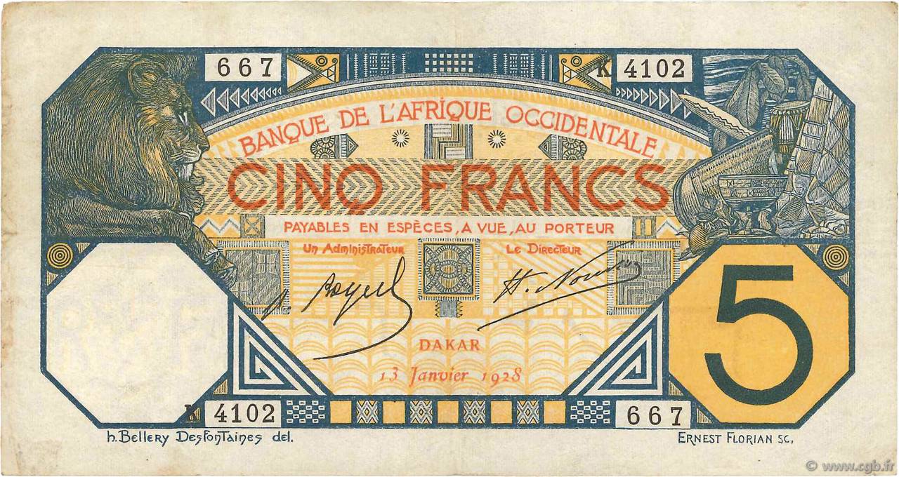 5 Francs DAKAR FRENCH WEST AFRICA Dakar 1928 P.05Bvar MBC