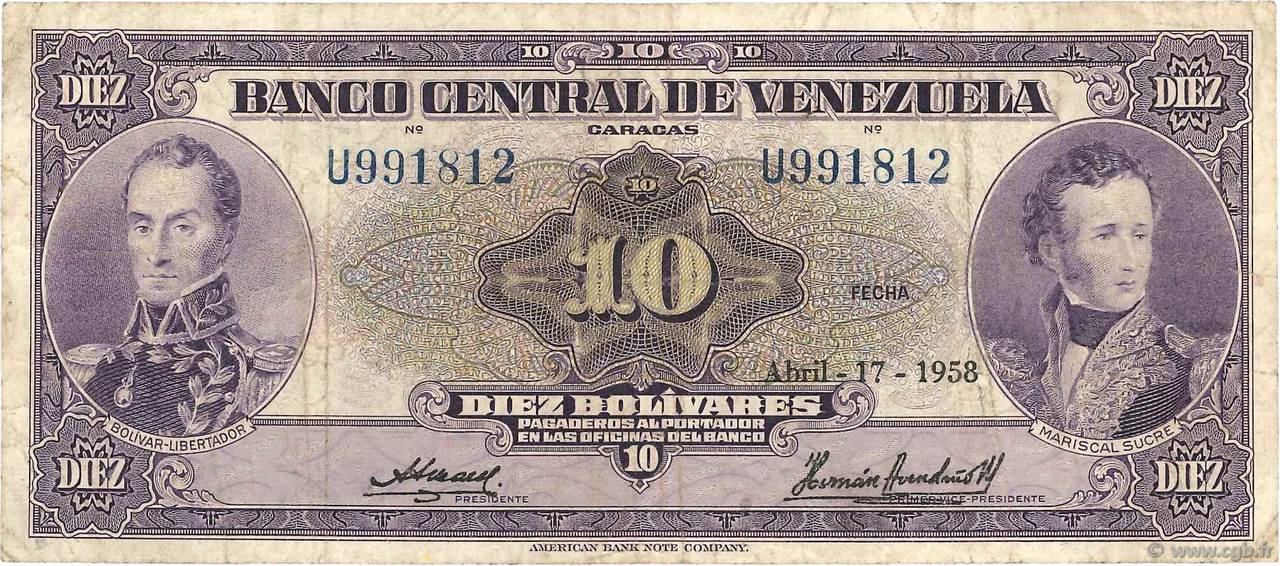 10 Bolivares VENEZUELA  1958 P.031c TB