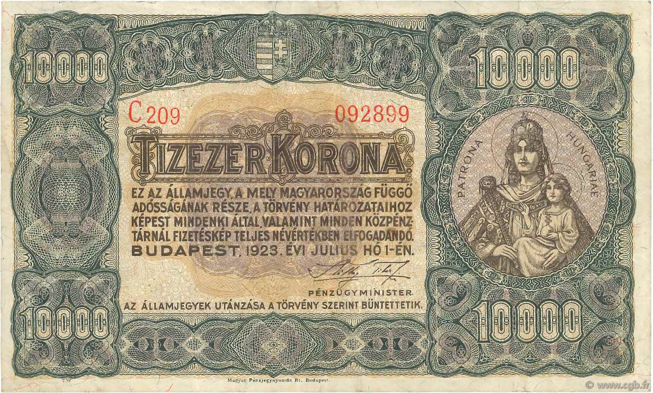 10000 Korona UNGHERIA  1923 P.077a q.SPL