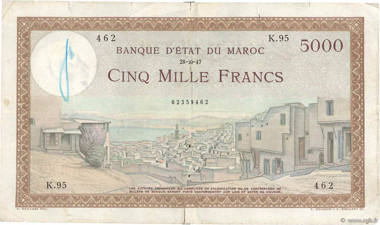 5000 Francs MAROCCO  1947 P.23c q.MB