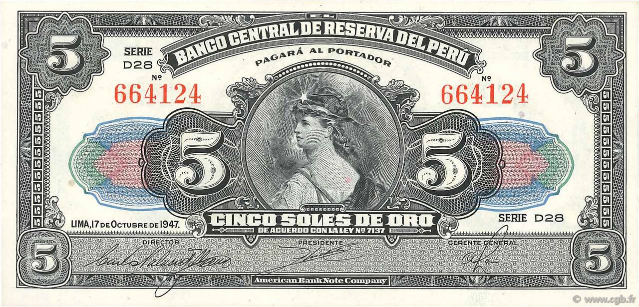 5 Soles PERU  1947 P.066Aa AU