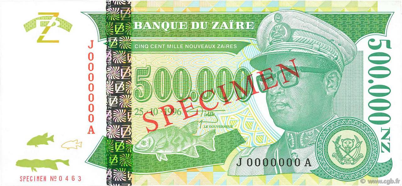 500000 Nouveaux Zaïres Spécimen ZAÏRE  1996 P.78s NEUF