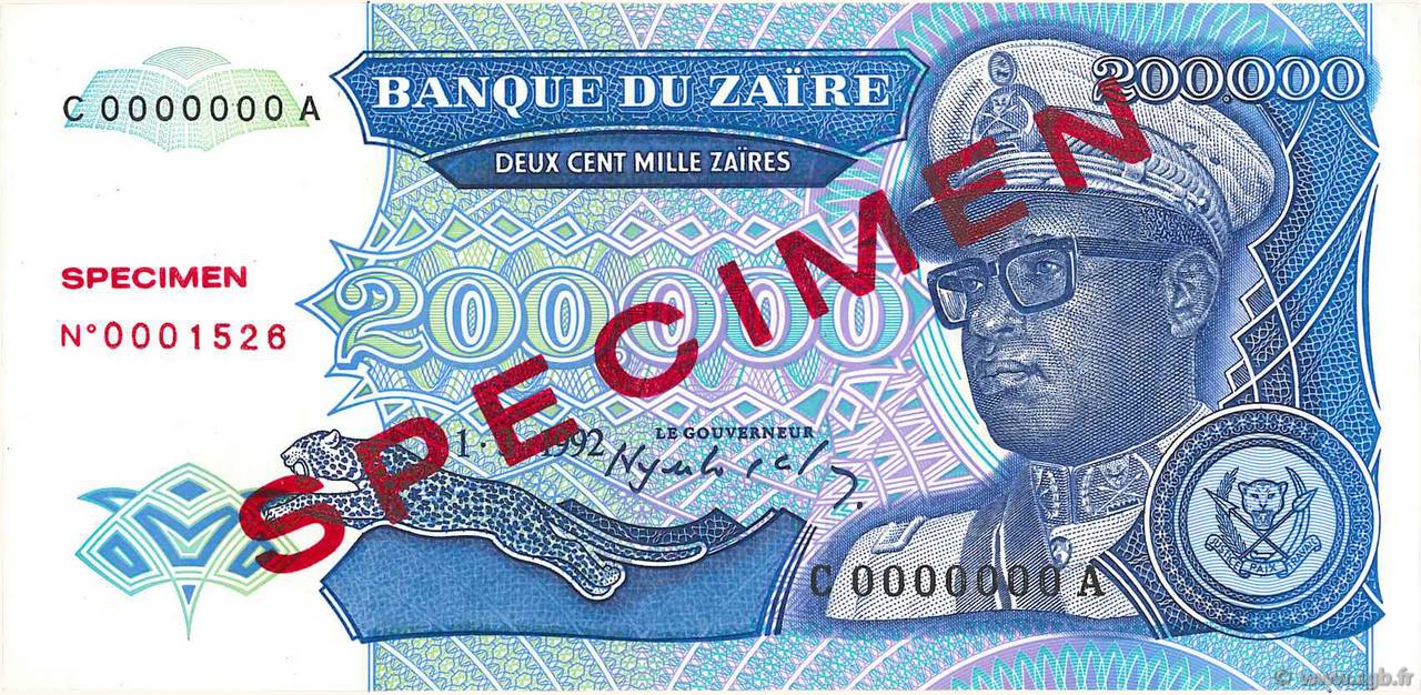 200000 Zaïres Spécimen ZAÏRE 1992 P.42s pr.NEUF