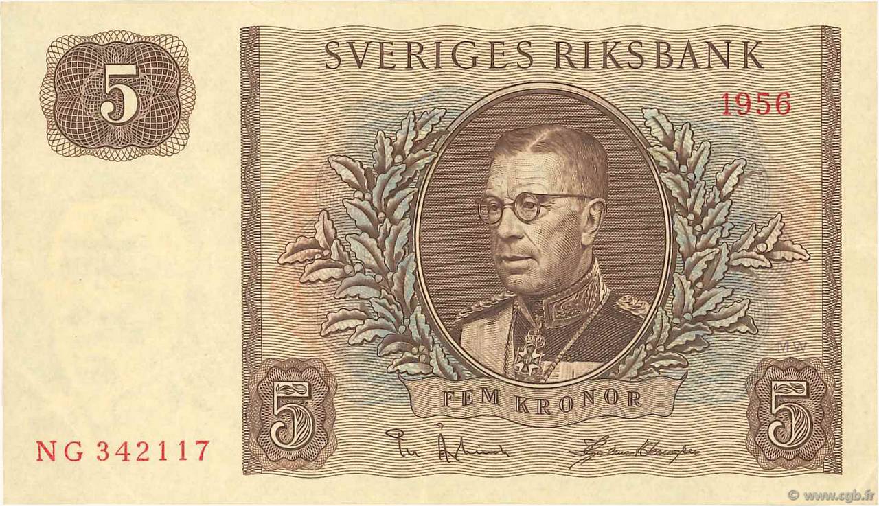 5 Kronor SWEDEN  1956 P.42c XF+