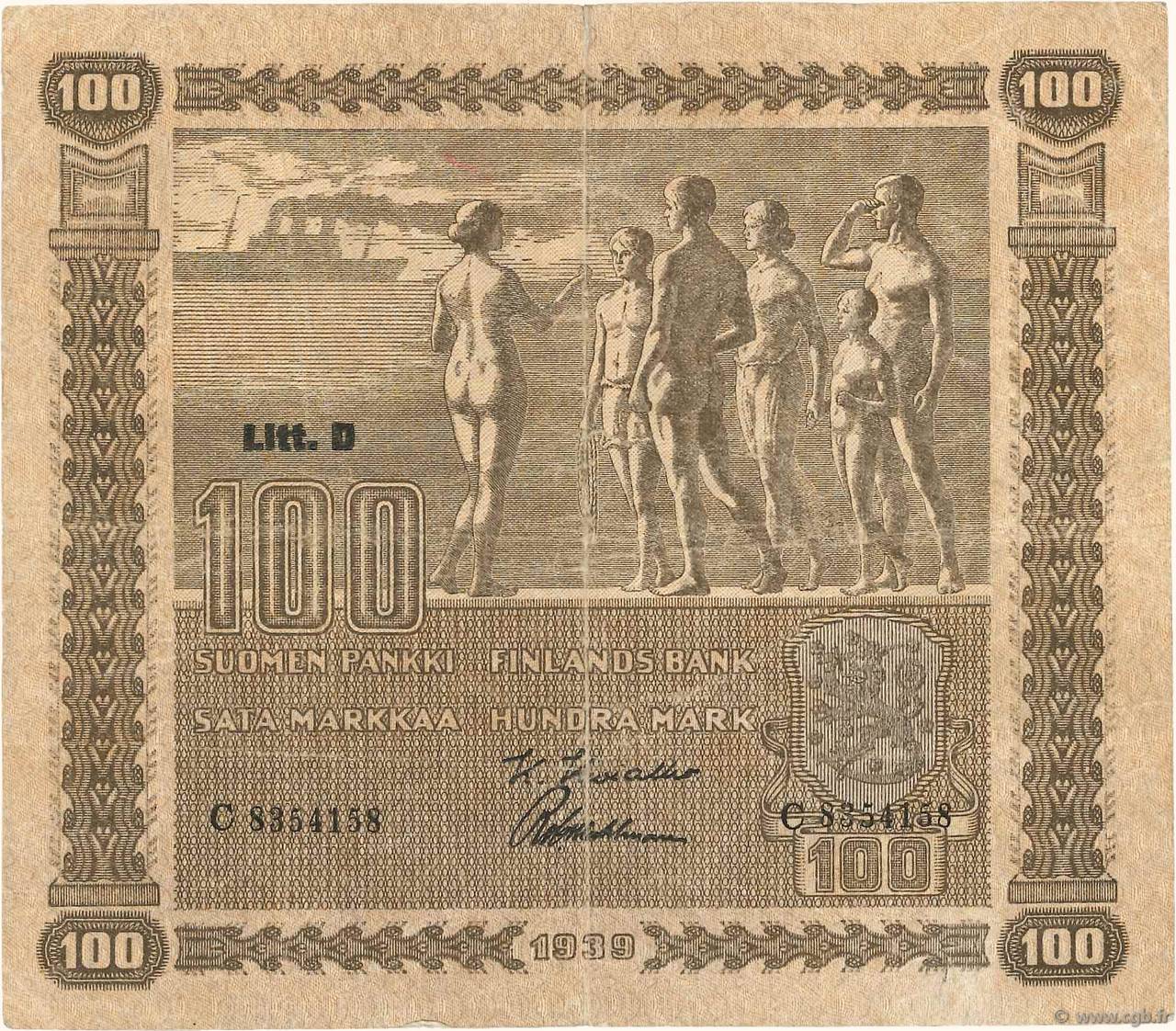 100 Markkaa FINLAND  1939 P.073a F