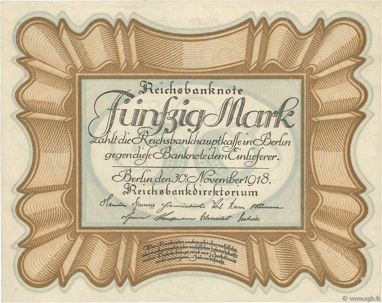 50 Mark GERMANY  1918 P.065 AU