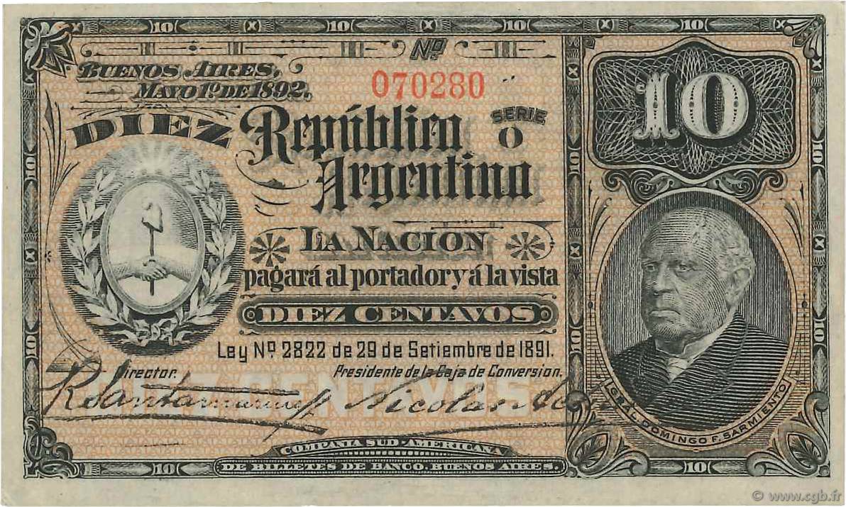 10 Centavos ARGENTINA 1892 P.214 XF