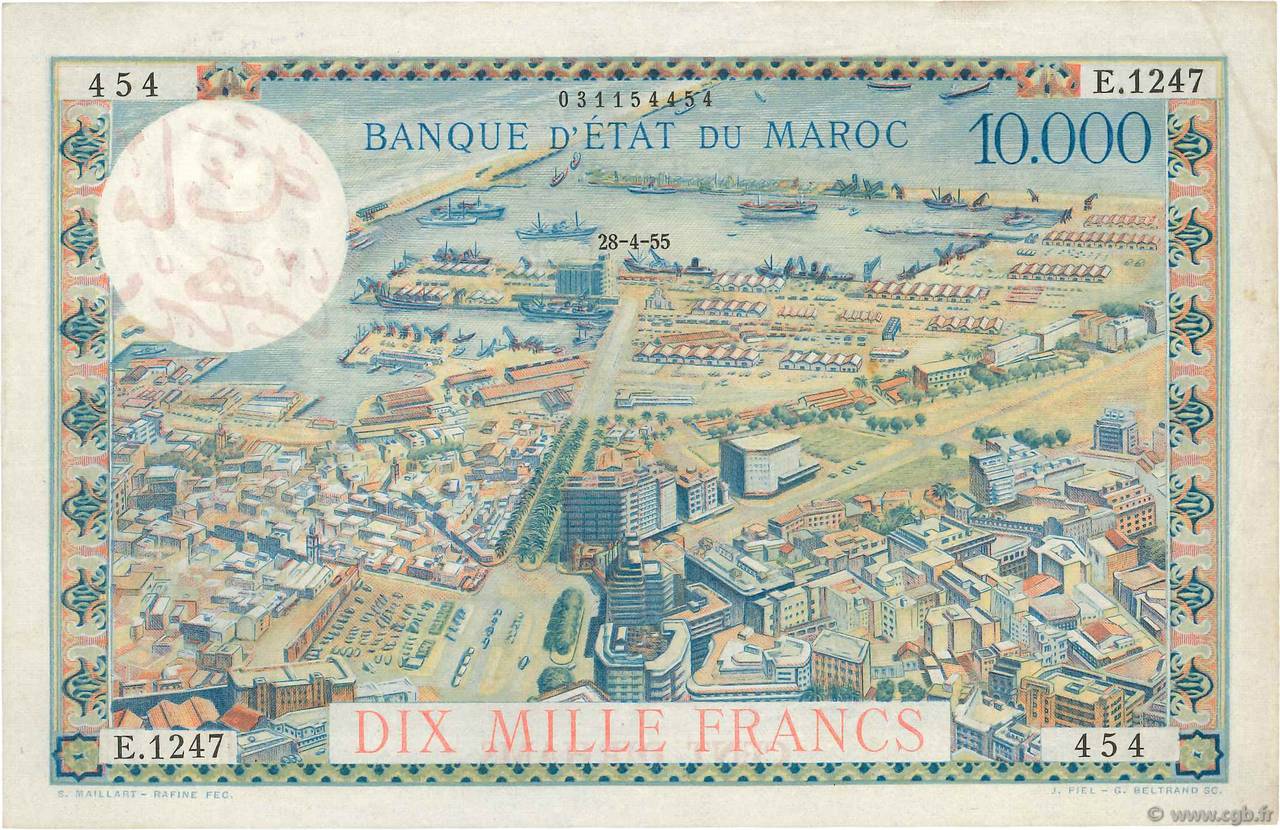 100 Dirhams sur 10000 Francs MOROCCO 1955 P.52 XF-