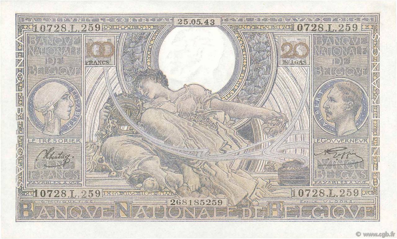 100 Francs - 20 Belgas BELGIQUE  1943 P.107 SPL
