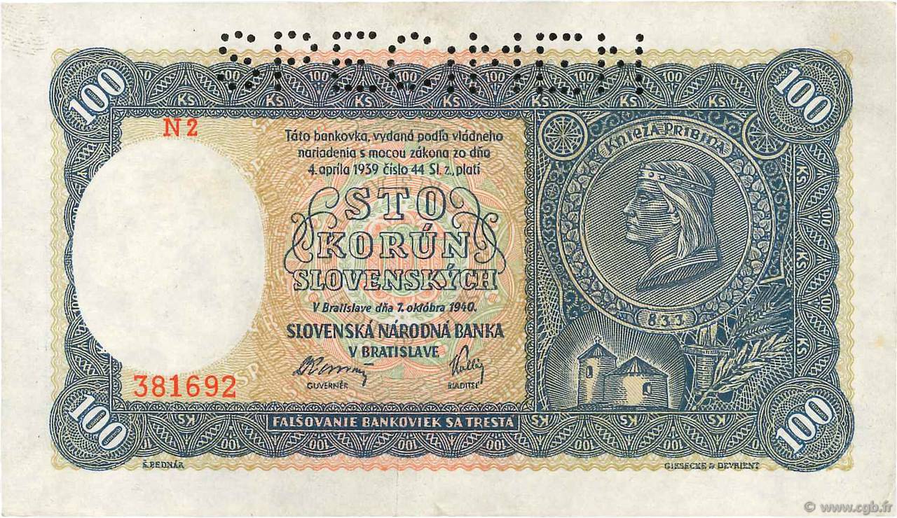 100 Korun Spécimen SLOWAKEI  1940 P.10s VZ