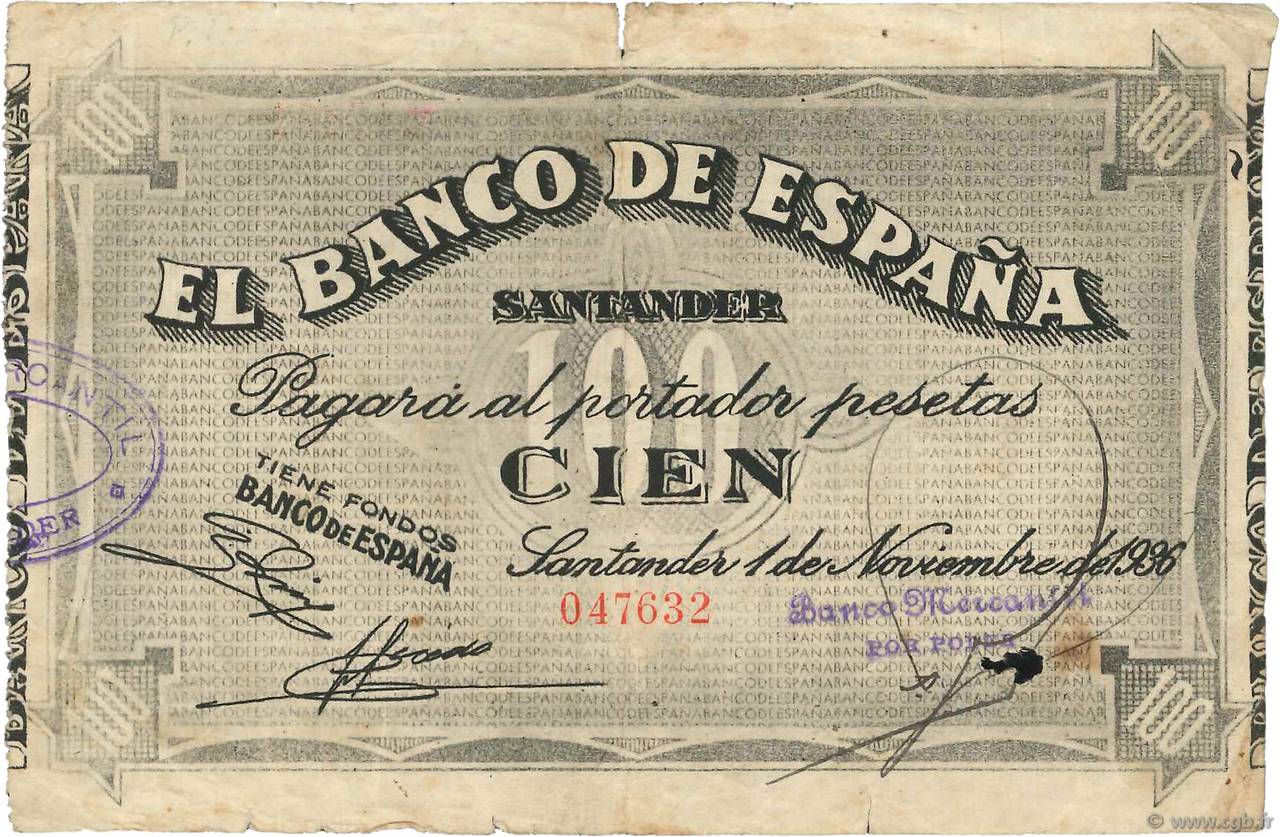 100 Pesetas SPAGNA Santander 1936 PS.585d MB