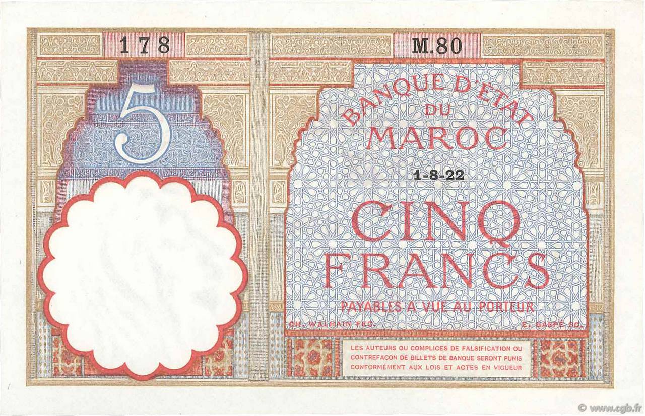 5 Francs MAROC 1922 P.23Aa pr.SPL