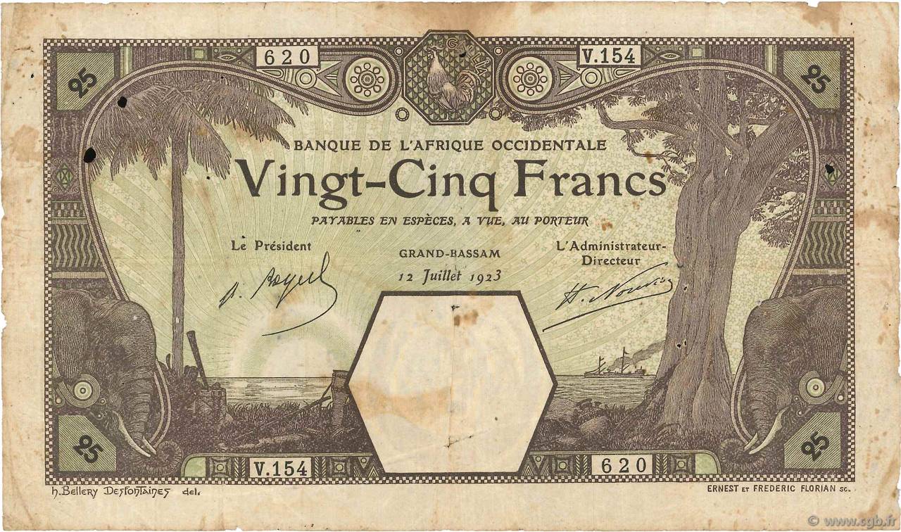 25 Francs GRAND-BASSAM FRENCH WEST AFRICA Grand-Bassam 1923 P.07Db RC+