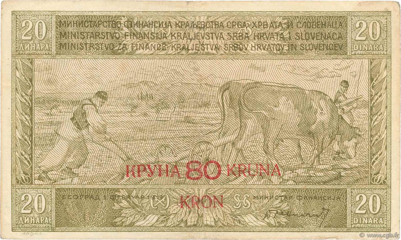 80 Kronen sur 20 Dinara YUGOSLAVIA  1919 P.018 VF