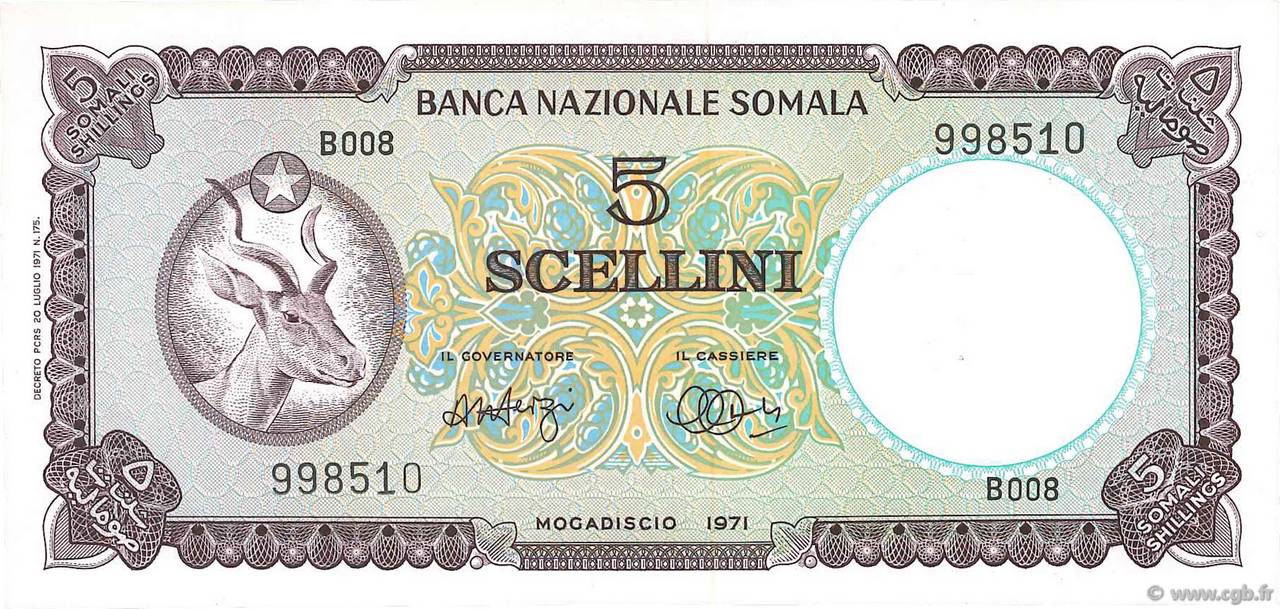 5 Scellini SOMALIE  1971 P.13a NEUF