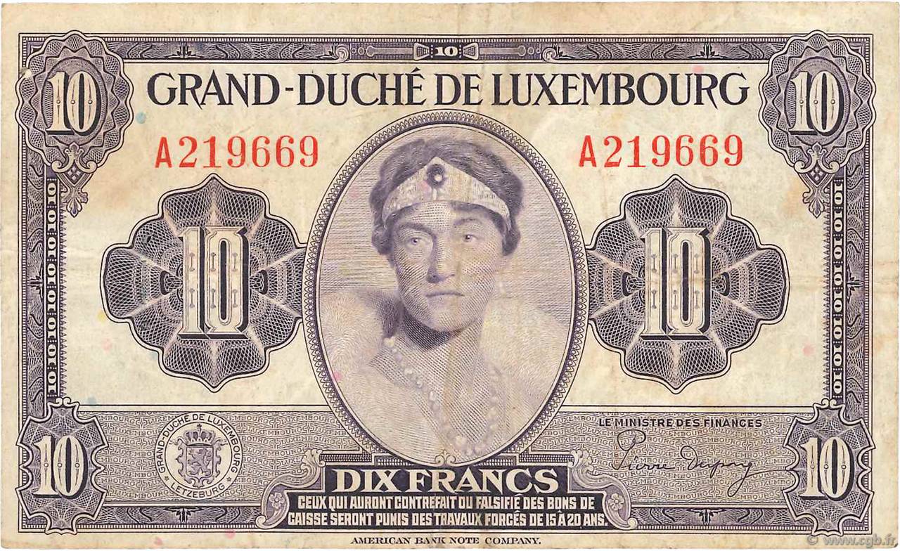 10 Francs LUXEMBOURG  1944 P.44a F
