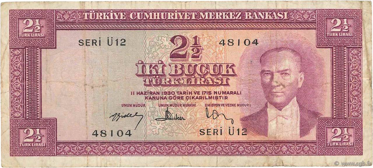 2 1/2 Lira TURKEY  1957 P.152a F