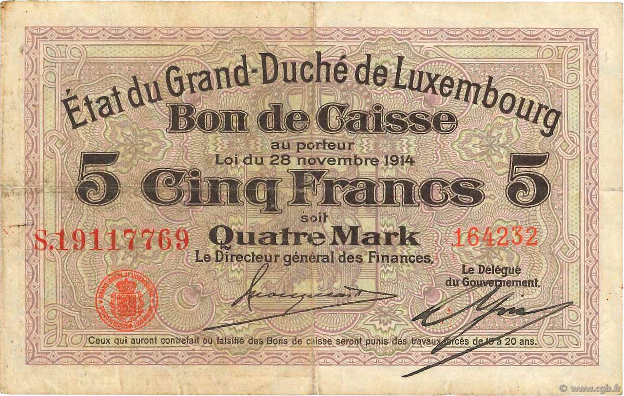 5 Francs /  4 Marks LUXEMBOURG  1914 P.23 F