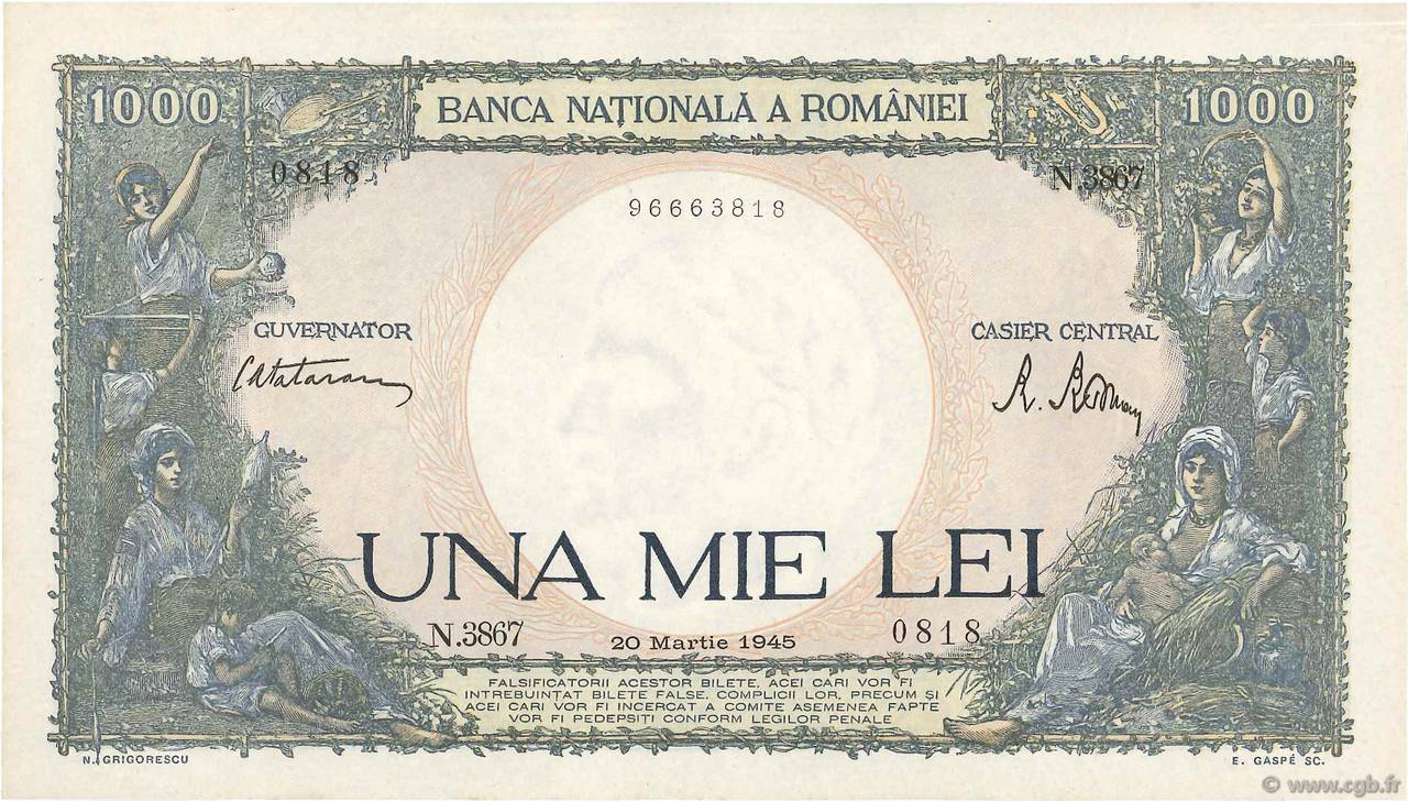 1000 Lei ROMANIA  1945 P.052a AU