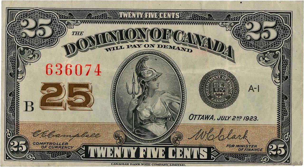 25 Cents CANADA  1923 P.011c VF