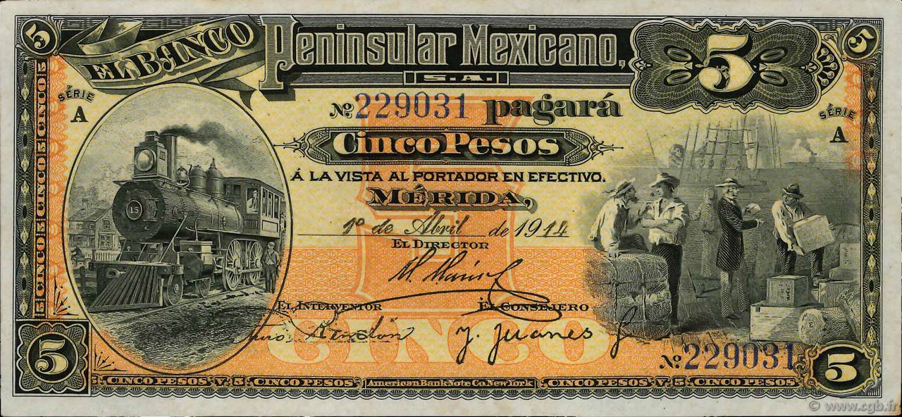 5 Pesos MEXICO Mérida 1914 PS.0465a UNC-