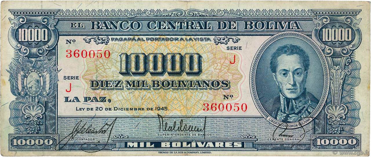 10000 Bolivianos BOLIVIE 1945 P.151 TB