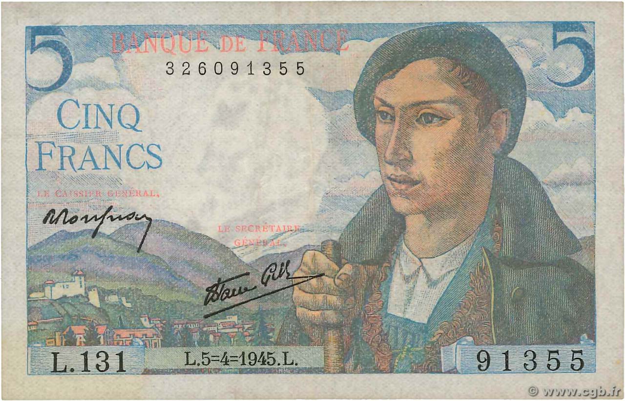 5 Francs BERGER FRANCE 1945 F.05.06 TTB