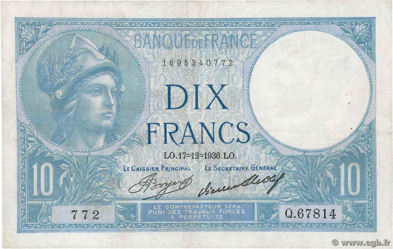 10 Francs MINERVE FRANCE 1936 F.06.17 TB