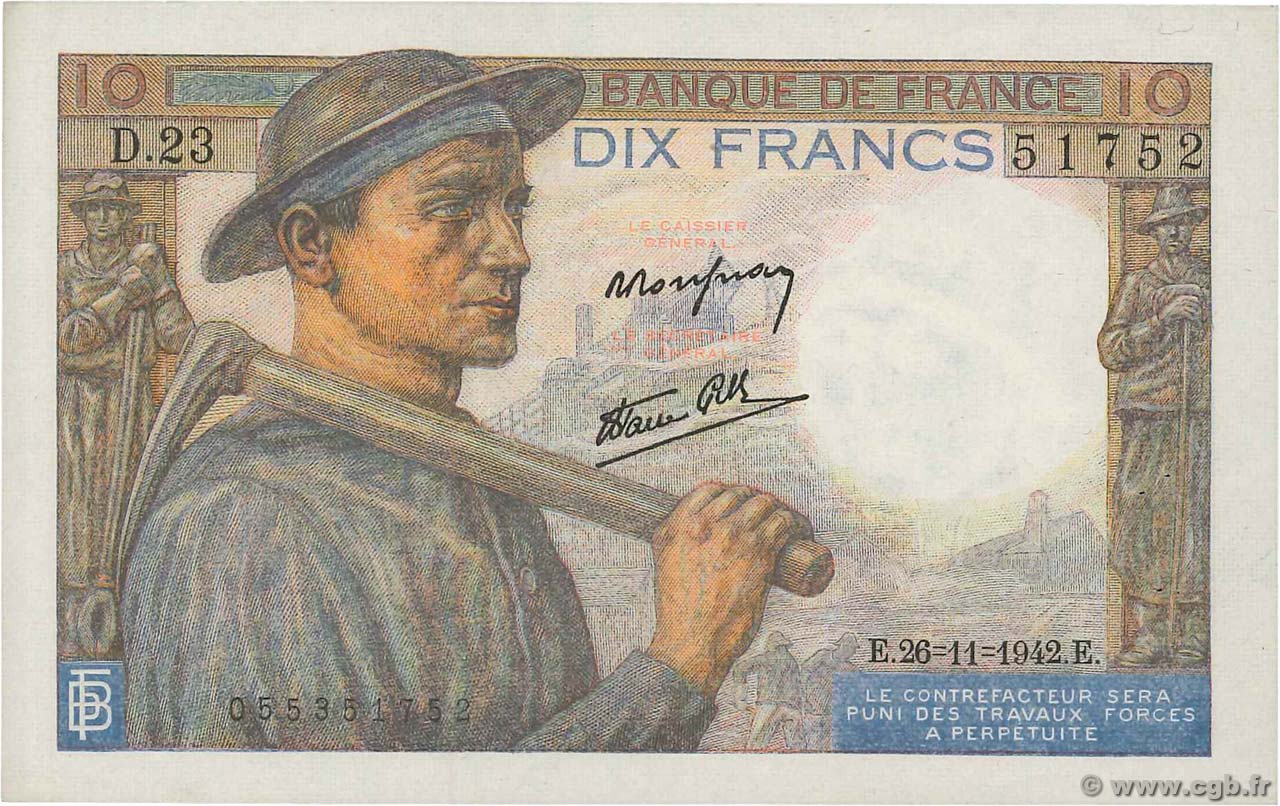 10 Francs MINEUR FRANCE 1942 F.08.06 SUP