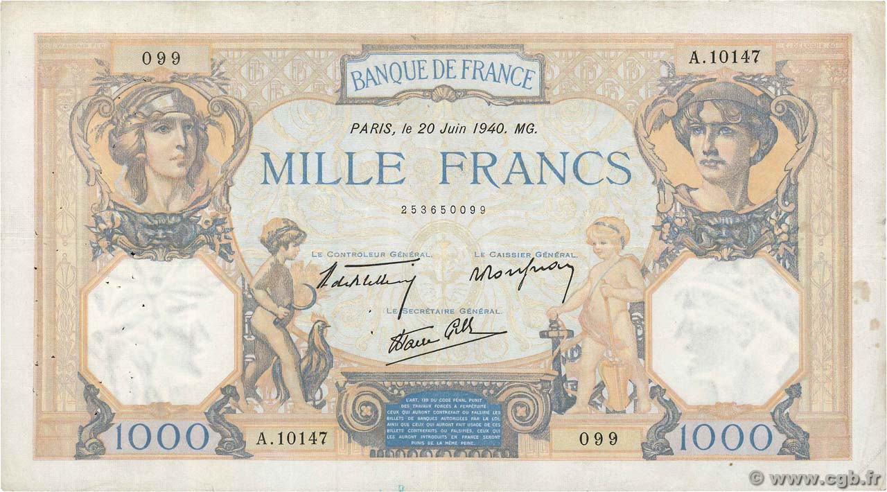 1000 Francs CÉRÈS ET MERCURE type modifié FRANCE 1940 F.38.49 TB+