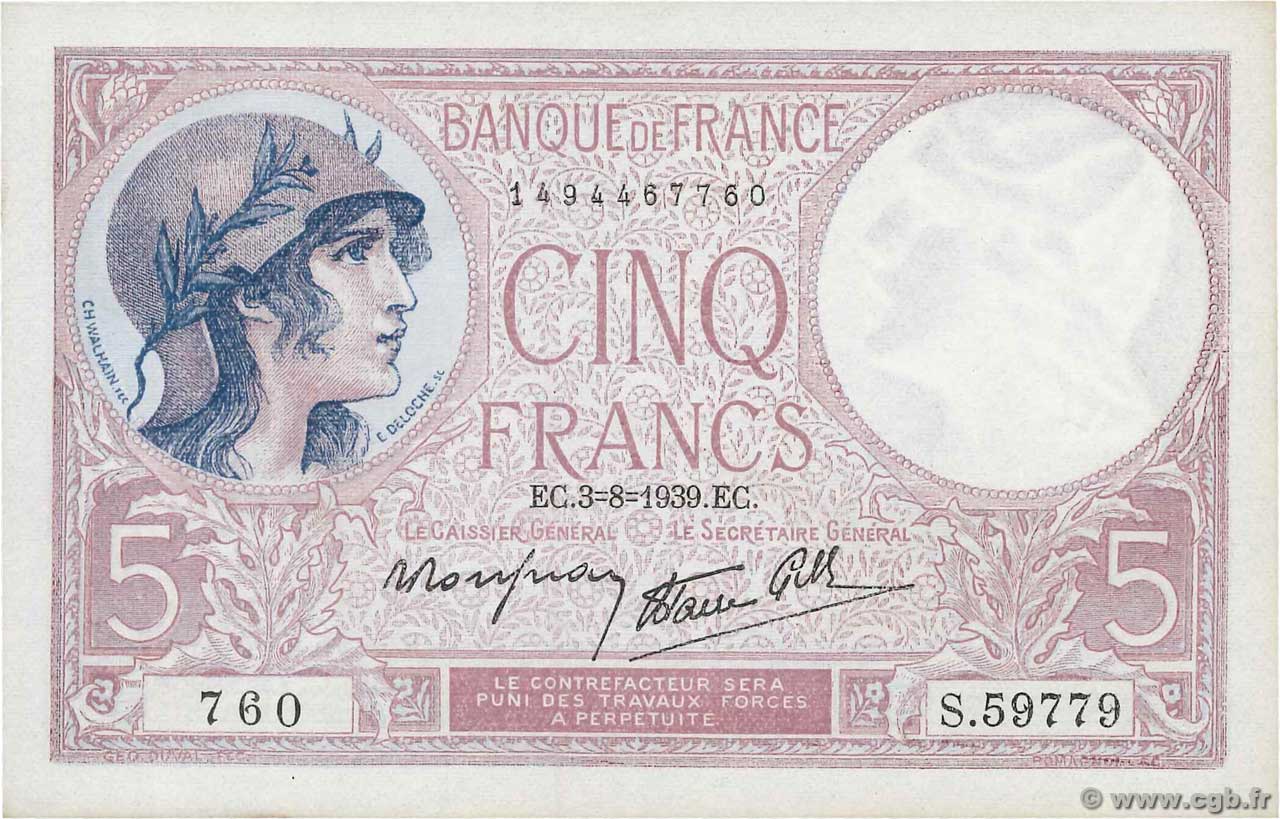 5 Francs FEMME CASQUÉE modifié FRANCE  1939 F.04.04 pr.NEUF