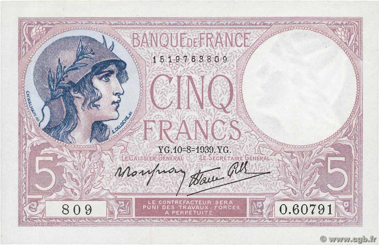 5 Francs FEMME CASQUÉE modifié FRANCE  1939 F.04.05 pr.NEUF