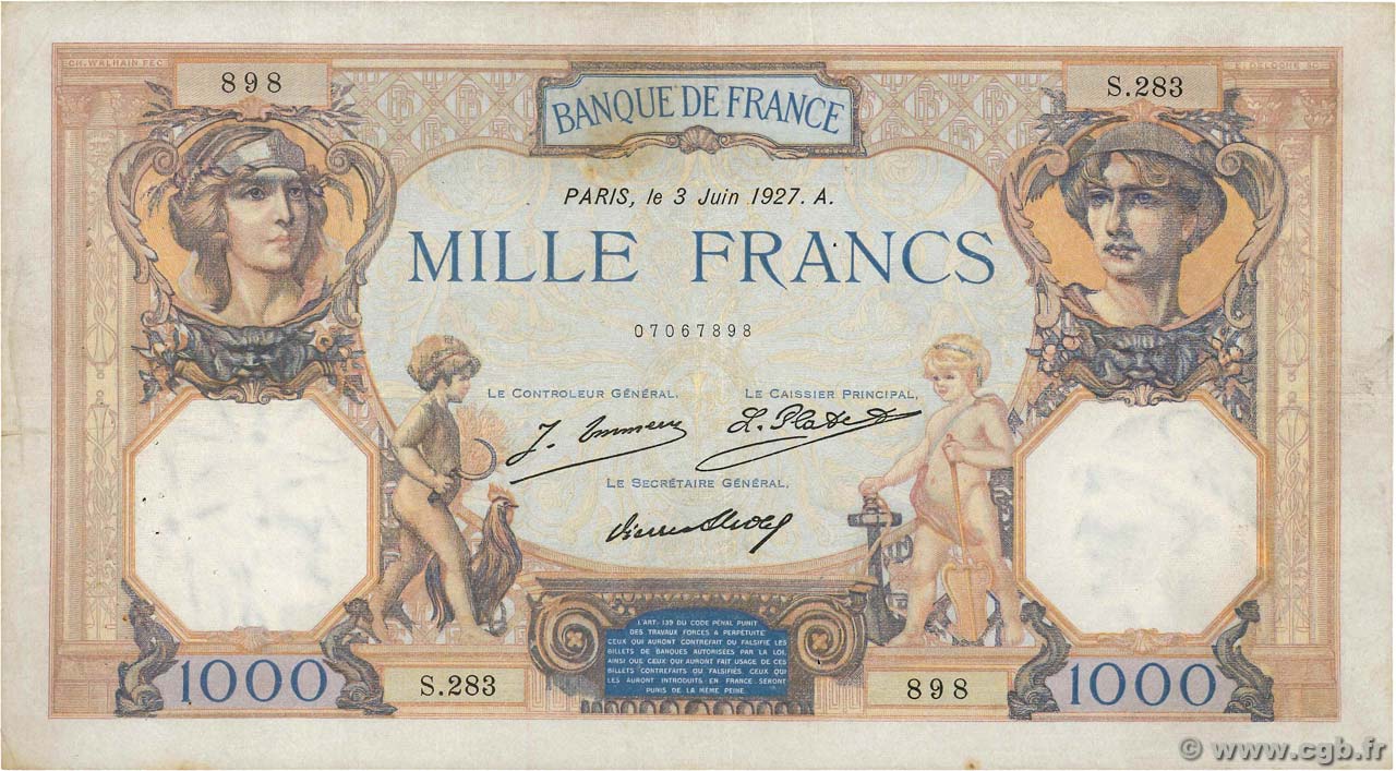1000 Francs CÉRÈS ET MERCURE FRANCE 1927 F.37.01 pr.TTB