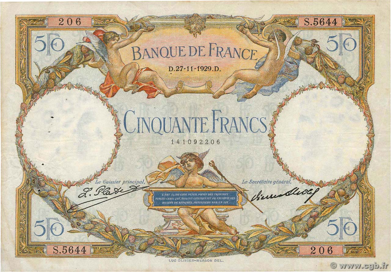 50 Francs LUC OLIVIER MERSON FRANCE 1929 F.15.03 TB+
