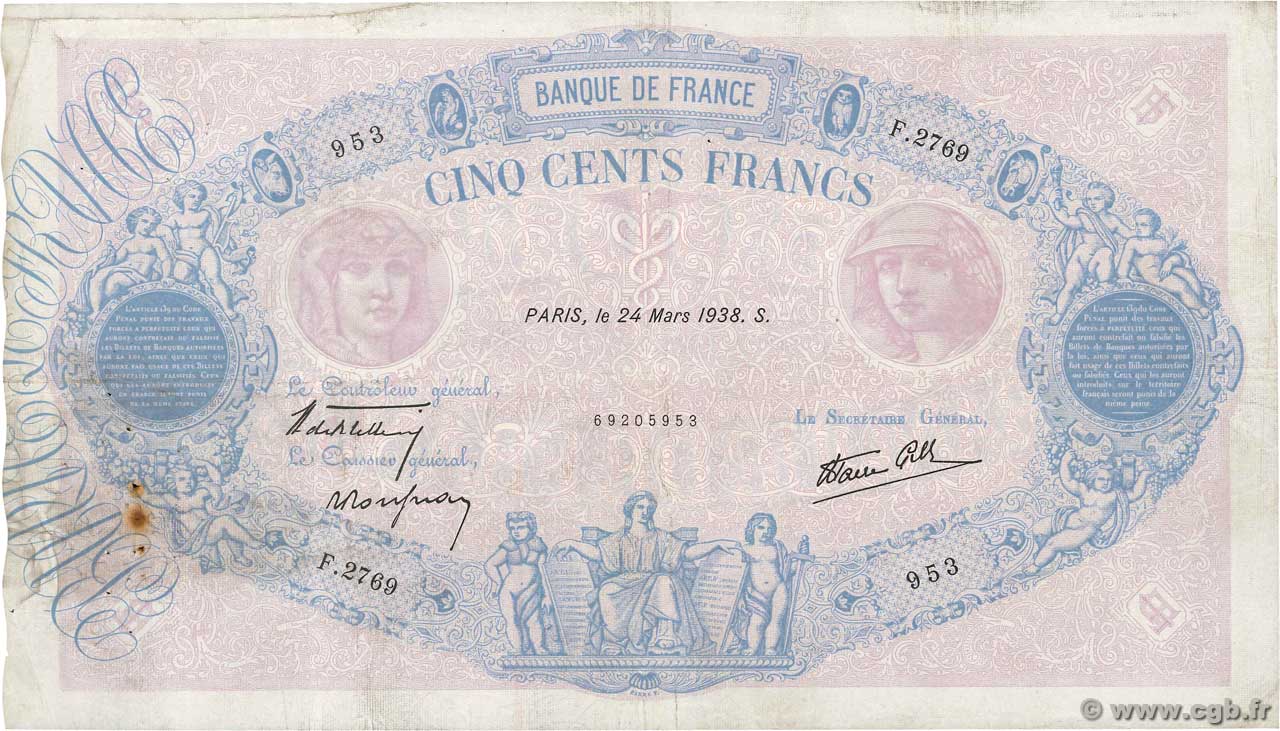 500 Francs BLEU ET ROSE modifié FRANCIA 1938 F.31.06 BC+