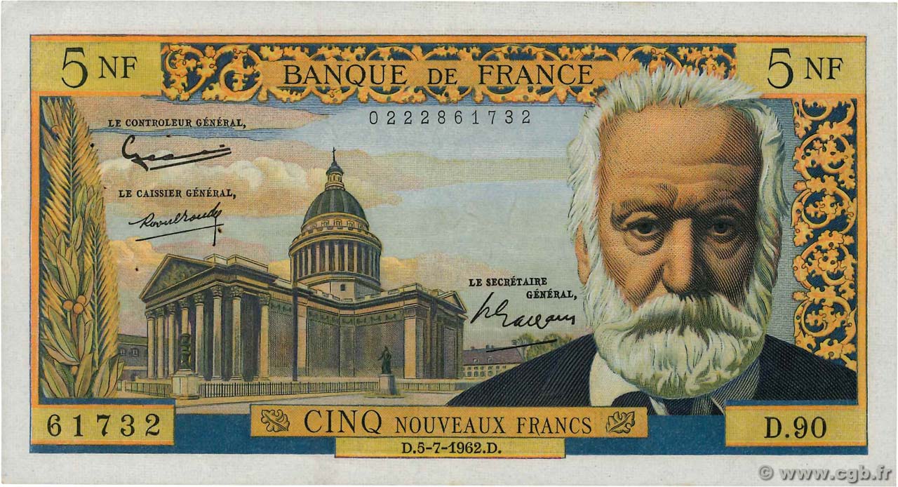 5 Nouveaux Francs VICTOR HUGO FRANCIA 1962 F.56.12 BB